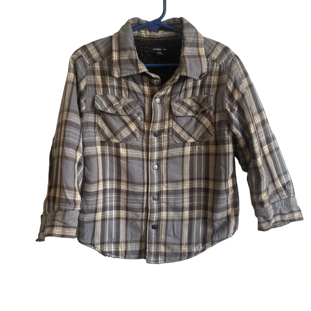 Baby Gap Youth 3T Sherpa Lined Wool Plaid Cozy‎ Shirt Jacket Size Brown Plaid